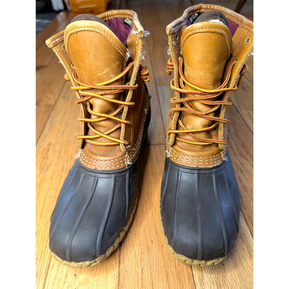 L.L. Bean Duck Boots Tan Leather Navy Rubber Lined Men's 8M Women's 10 Maine